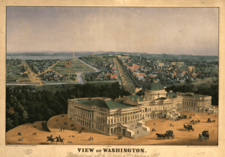 Drawing of a west-facing view of Washington, DC, circa 1852.